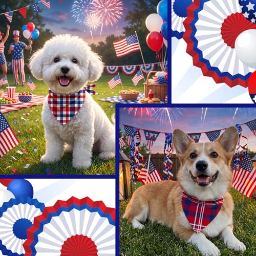 Image of Abbylike 50 Pcs Veterans Day Dog Bandanas Bulk, Red White and Blue Plaid