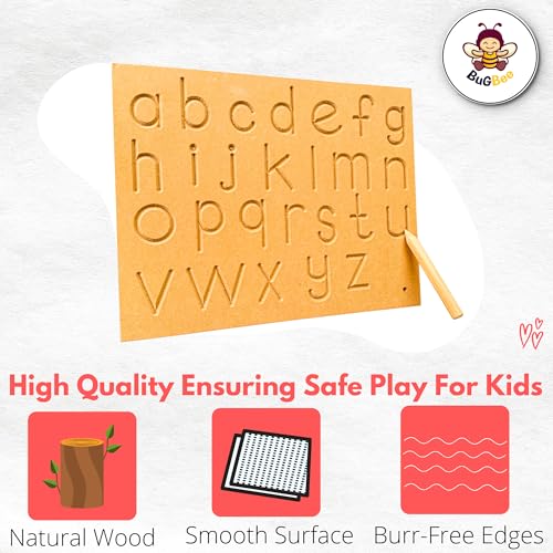 Image of BuGBee Alphabet tracing Board Small ABC Wooden Slate| Montessori Materials Educational Puzzle Toys for 2+ Years Old Kids | Safe & Natural ABCD Board to Develop Memory & Writing Skills