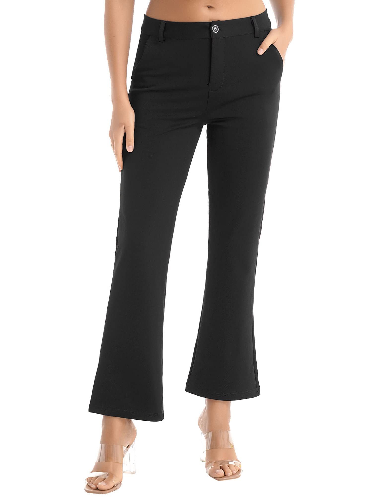 Womens Stretch Flared Pants Vintage High Waisted Trousers Solid Color Pants with Pockets Daily Pants