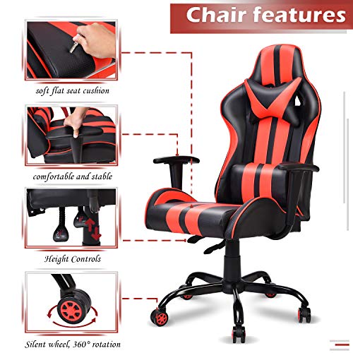 FERGHANA Ergonomic Racing Style PC Game Computer Chair,Video Gaming Chair with Massage Lumbar Pillow,Seat Height Adjustable,160°Recliner,Headrest for Teens Adults(Tango Red)