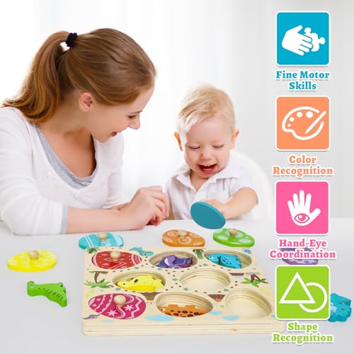 LZDMY Montessori Spielzeug ab 1 Jahr Baby Holzpuzzle, Dino Eier Motorikspielzeug für 10-36 Monate Mädchen Junge Kinder Greifpuzzle Steckspielzeug Sortierspiel Geburtstag Ostern Weihnacht Geschenk