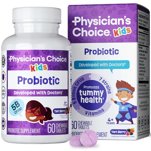 Physicians CHOICE Probiotics for Kids - 7 Diverse Strains Organic Prebiotics Vitamins & Minerals - Clinically Studied L. Rhamnosus - Immune & Digestive Support - No Sugar or Artificial Dyes - 60ct