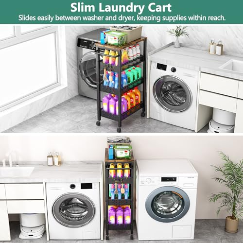 Image of Vivihomety Utility Slim Storage Cart with Wheels, 4-Tier Narrow Rolling Organizer Shelf with Wood Top, Metal Storage Rack and Space-Saving Organizer for Bathroom, Kitchen, Laundry Room, Small Spaces