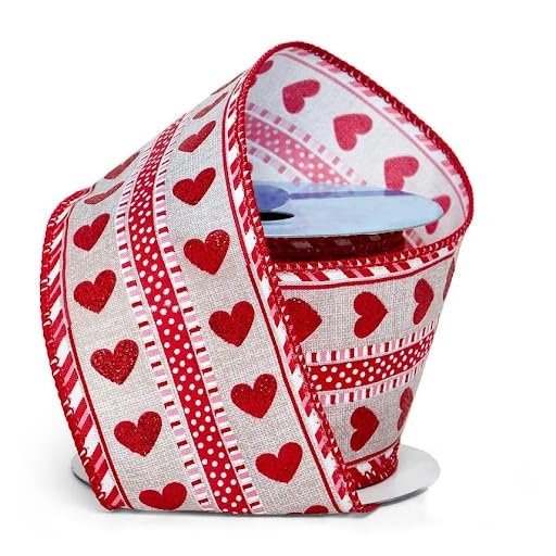 Image of Valentine Glitter Hearts & Dots Ribbon - 2 1 /2 inch x 10 Yards, Wired Edge, Red Glitter Hearts, Stripes, Polka Dots, Valentine's Day Decor, Wreath, Gift Wrap, I Love You, Gift Bow, Christmas