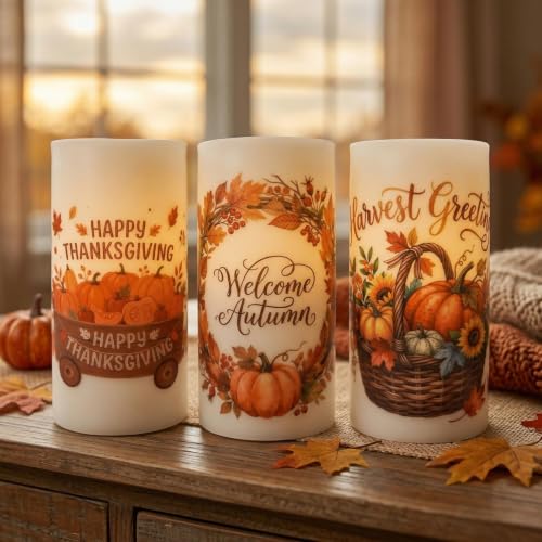 Image of 3PCS Orange Pumpkin Flameless Pillar Candle Battery Operated | Maple Leaf LED Candles with Timer Remote for Fall,Harves, Autumn,Thanksgiving