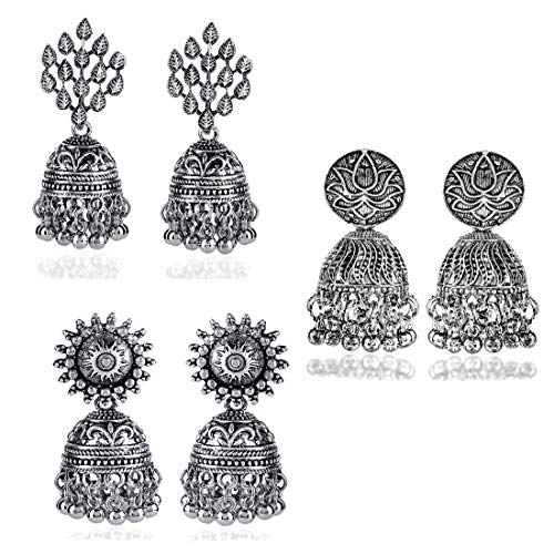 Image of Yellow Chimes Earrings for Women & Girls | Traditional Silver Oxidised Jhumka | German Silver Oxidized Drop Earring Set | Earrings Combo | Accessories Jewellery | Birthday & Anniversary Gift