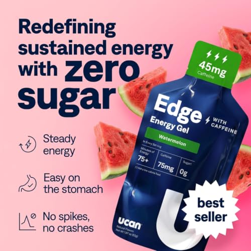 Image of UCAN Edge Energy Gel Shots, Watermelon + Caffeine (12, 2 Ounce Packets) for Running, Training, Workouts, Fitness, Cycling, Crossfit | Sugar-Free, Vegan, & Keto Friendly Energy