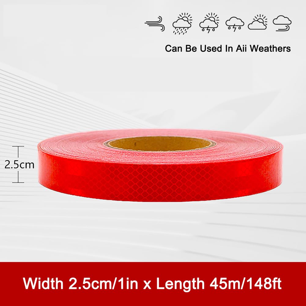Cinta reflectante de 45 m x 2,5 cm, impermeable, autoadhesiva, reflectora, para bicicleta, cinta de advertencia de seguridad, cinta de señal para exteriores, para coches, banda reflectante roja