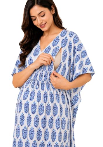 Image of Noty Women's- Kaftan | Maxi | Maternity | Feeding | Delivery Gown- Cotton Fabric- V Neck | Floral Print | 2 Pockets | Midi