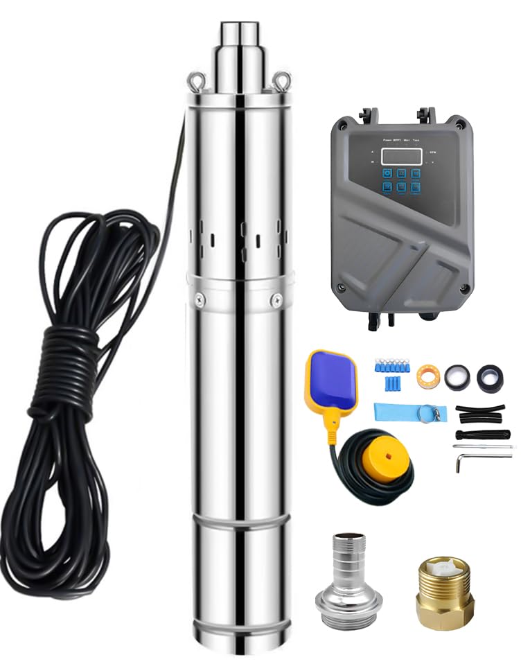 Solar Water Pump 48V 500W DC Submersible Deep Well Pump 3 inch Stainless Steel Deep Well Pump with MPPT Controller for Industrial Irrigation Household Water Tank Water Supply