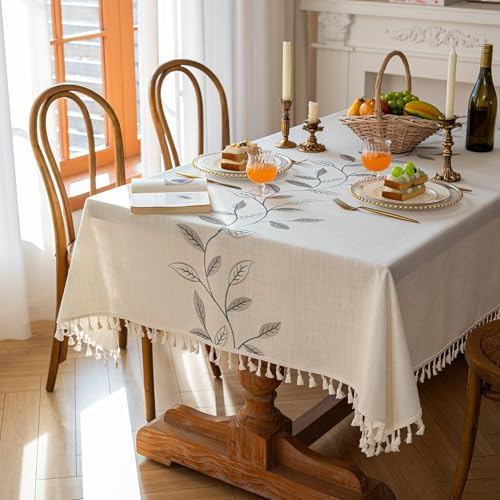 WLLDDDIU Nappe Rectangulaire Brodée, Lavable, en Coton et Lin, avec Pompons, Idéale pour Les Repas en Salle À Manger, Les Fêtes, Les Terrasses et Les...