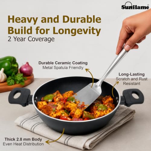 Image of Sunflame Ceramic Non-Stick Kadhai 24 cm with Glass Lid | No PFOA, PFAS, PTFE | Induction and Gas Stove Compatible | 2 Year Warranty by Sunflame | Requires Less Oil, Easy to Clean, Prevents Burning