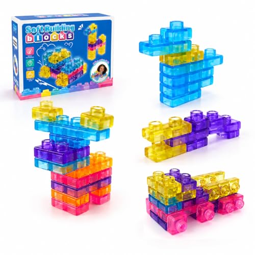 Deskerge Gummy Squishy Blocks Set for Kids 40PCS Soft Gummy Building Blocks Transparent Squishy Sensory Cube Toy Squeeze Stretch Stackable Fidget Blocks Soft Stacking Blocks for Creative Play