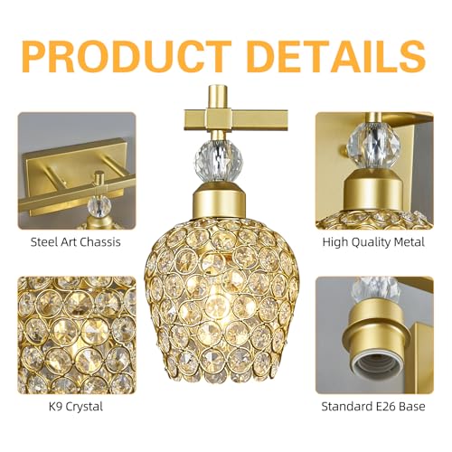 Image of Modern Crystal Bathroom Light Fixtures - Gold 3 Light Vanity Lighting with Crystal Wall Lamps Over Mirror