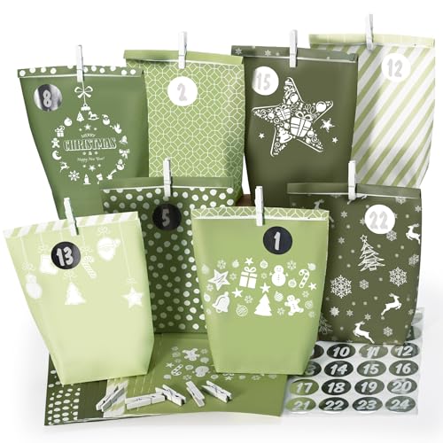 Adventskalender zum Befüllen 2025, Weihnachtskalender Papiertüten, Kraftpapiertüten zum selbst füllen,grüner Stil, 24 Bedruckte Geschenktüten für Kinder Junge und Mädchen, Wiederverwendbar