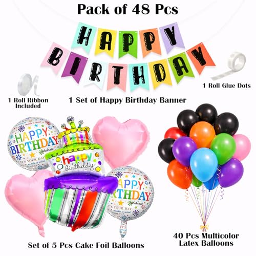 Image of Rozi Decoration Happy Birthday Decoration Kit Pack of 48 Pcs, Multicolor Birthday Party Decoration Set with Banner, Cake Foil Balloons, Heart Balloons & Latex Balloons for Kids & Home Celebration