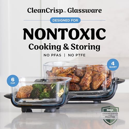 Image of Ninja Crispi 4-in-1 Glass Air Fryer | 450F | Non-Toxic | 4QT & 6-Cup Glass Containers w /Lids | Microwave, Freezer, Dishwasher Safe | Max Crisp, Air Fry, Bake, Recrisp | Electric Cobalt | FN101BL2