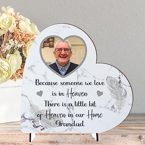 Pixie's Gifts Handmade Personalised Bereavement Plaque with Photo - Memorial Decor from MDF Wood, Customisable Design, Heaven Photo Heart Plaque Bereavement Loss Memorial Gifts (Grey Feather)