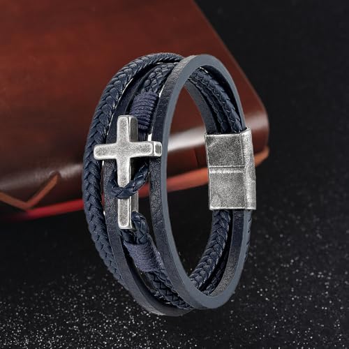 Cross Bracelet for Men Black/Brown/Blue Braided Leather Religious Bracelet with Stainless Steel Silver Cross Charm Stylish Christian Jewelry 21 cm / 8.26 inches2