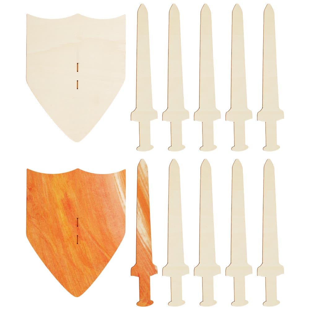 NBEADS Kit Spada e Scudo in Legno, 10 Spade Medievali in Legno e 2 Scudi in Legno con Gambo A Mano da Dipingere per Progetti di Pittura Costume Medievale, Fai da Te e Artigianati, Floreale Bianco
