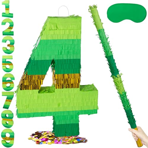 PCFING 20 Inch Number 4 Piñata Green Gold with 30 Inch Piñata Stick Blindfold Confetti for Boy Girl Adults Birthday Party Decorations, Anniversary Celebration, Fiesta