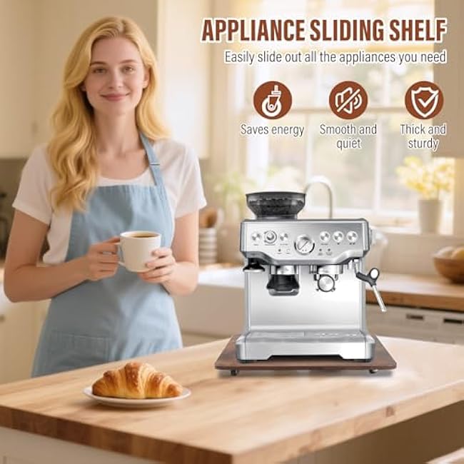 360¡ã Appliance Slider Sliding Tray, Coffee Maker Rolling Tray for Counter Under Cabinet Coffee Pot Mat for Espresso Machine, Toaster, Air Fryer, Quiet Wheels, Brown (Large 15.7¡Á13)