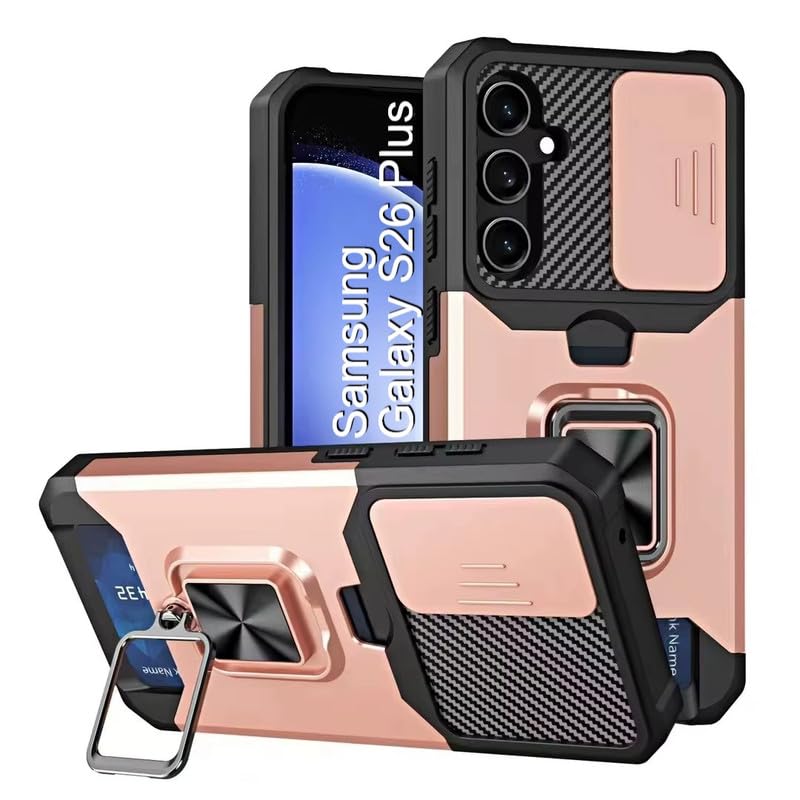 Image of LuxuryKase Shockproof Armor Case for Samsung Galaxy S26 Plus | Slide Camera Cover | Hidden Card Slot | Rotating Ring Kickstand | Magnetic Car Mount Support | Military Grade Protection - Rose Gold