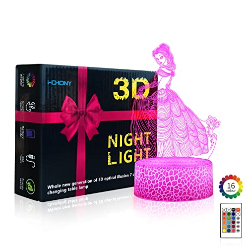 Image of i-CHONY Princess Gift Night Light for Girls, 3D Illusion Lamp with Remote & Smart Touch, 16 Colors Dimmable Bedroom Decorations, Kids Teens Birthday Gift