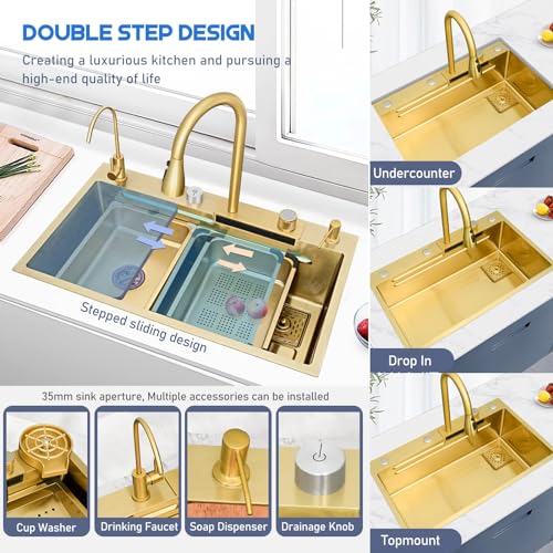 Fregadero de cocina dorado ergonómico para lavar recipientes grandes con cascada útil 3