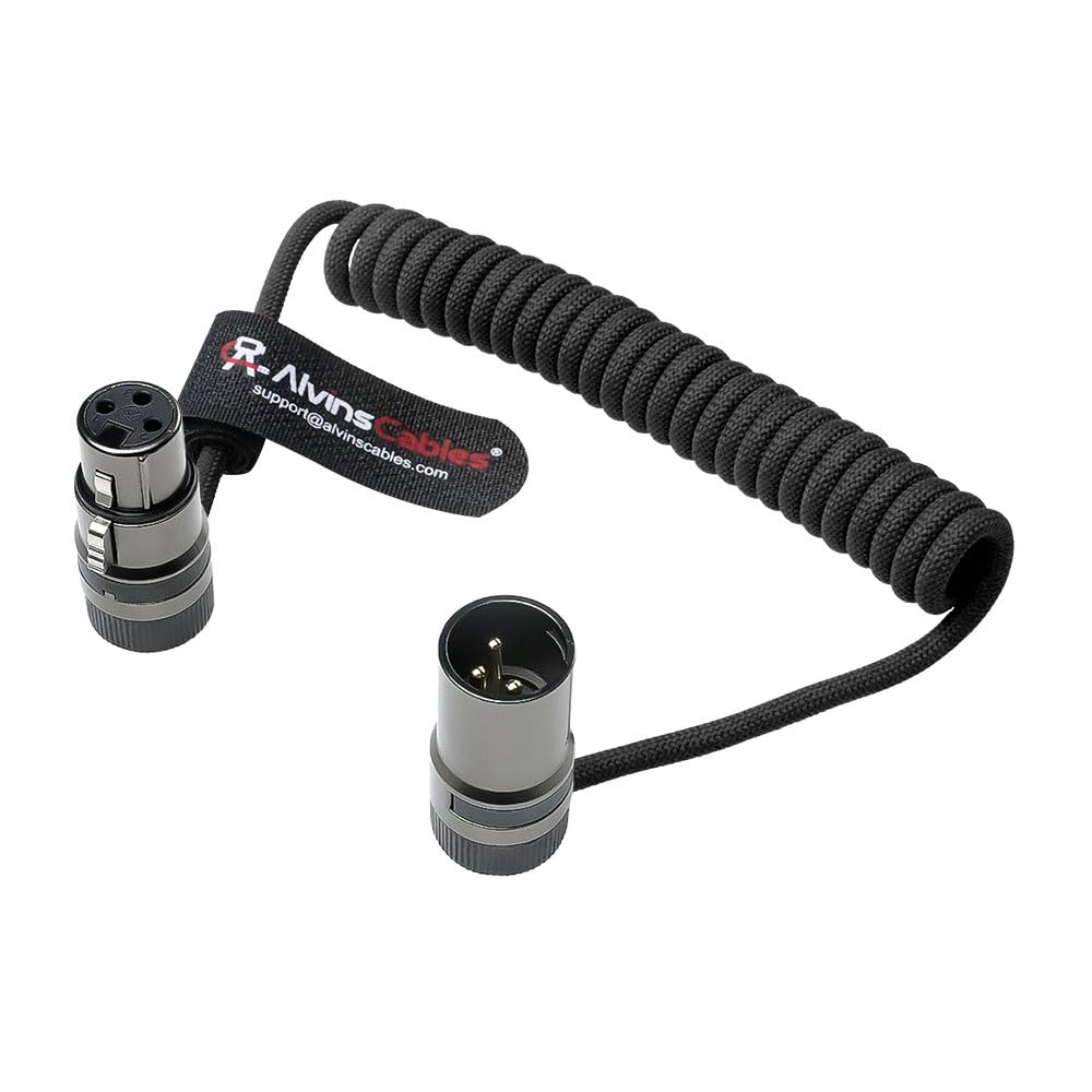 Alvin's Cables Câble rotatif à profil bas XLR mâle vers femelle en spirale ultra-flexible femelle renforcé aramide pour Sony | Canon | Blackmagic Pro Cameras & Studio Audio (Black)
