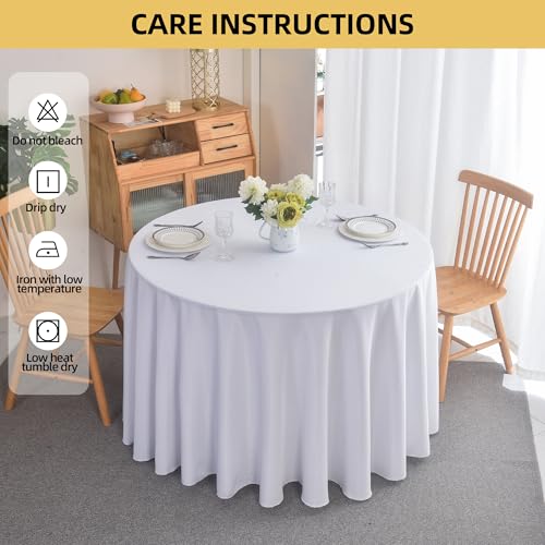 Image of 10-Pack Round 120-inch White Table Cloths, Solid Stain and Wrinkle Resistant Circular Tablecloth, Premium Plain Weave Polyester Fabric Table Linen Covers for Hotel, Banquet