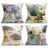 Aremetop 4 Pack Farmhouse Rustic Floral Blossom Decorative Pillow Covers Colorful Vintage Flower Vase Leaves Plant Cotton Linen Throw Waist Pillow Case Lumbar Cushion Cover 18 x 18 Inches for Sofa