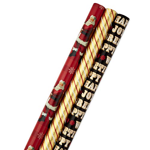 Hallmark Christmas Wrapping Paper Bundle with Cut Lines on Reverse, Classic Red and Gold, Holographic (Pack of 3, 80 sq. ft. ttl)