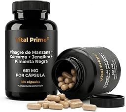 VITAL PRIME Vinagre de Manzana Capsulas 180 Cápsulas 661mg por Cápsula con Cúrcuma, Jengibre y Pimienta Negra con la Madre | Suministro para 6 Meses | Cápsulas de Vinagre de Manzana Apto para Veganos