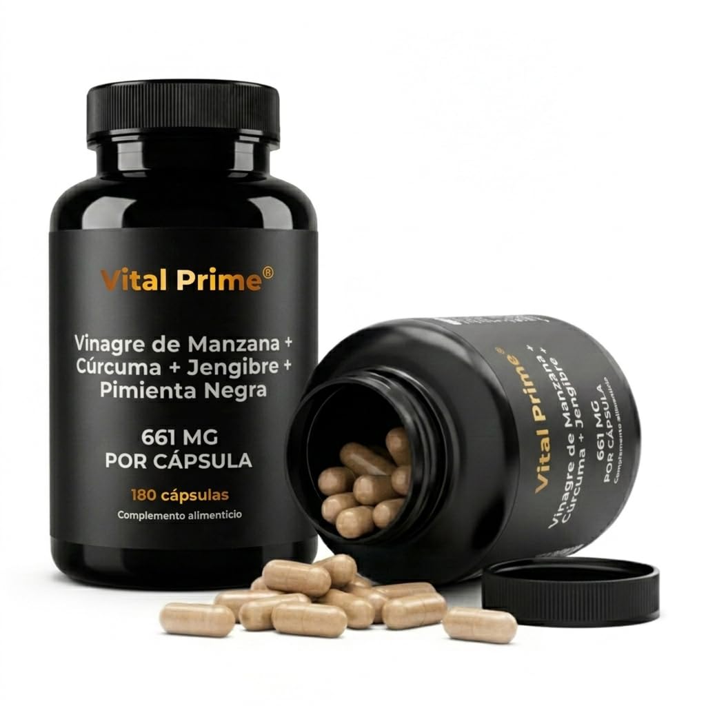 VITAL PRIME Vinagre de Manzana Capsulas 180 Cápsulas 661mg por Cápsula con Cúrcuma, Jengibre y Pimienta Negra con la Madre | Suministro para 6 Meses | Cápsulas de Vinagre de Manzana Apto para Veganos - 1
