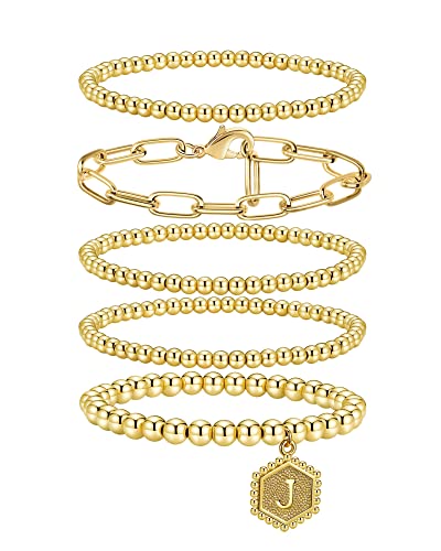 shownee Gold Beaded Bracelet for Women - 14K Real Gold Plated Bead Bracelet Stretchable Elastic Chain Ball Bracelet Kit Jewelry Gifts for Girls with Letter Pendant