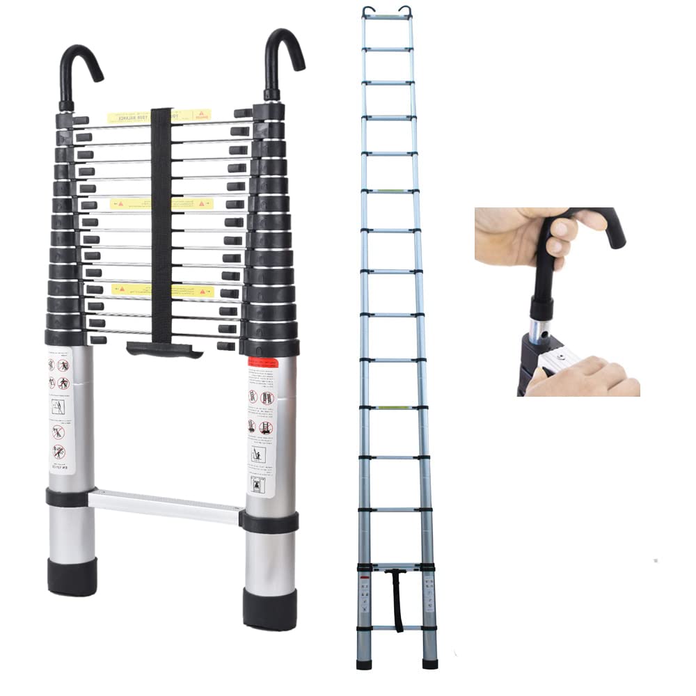 6.2m Aluminum Telescoping Ladder Folding Portable High Ladder & Roof Hook Capacity Max 150kg/330lb with EN131 For Outdoor & Indoor Use (Silver)