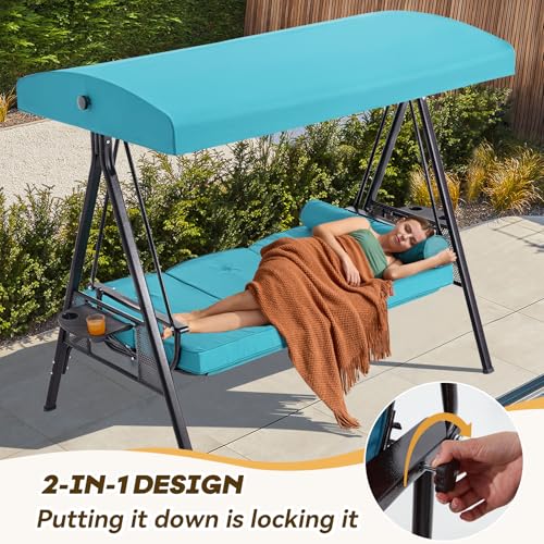 Image of 3 in 1 Outdoor Porch Swing with Adjustable Canopy, 3 Seat Outdoor Swing for Adults, Patio Swing Chair with Thickened Cushions,Pillows & Cup Holders for Backyard, Porch, Garden (Lake Blue)