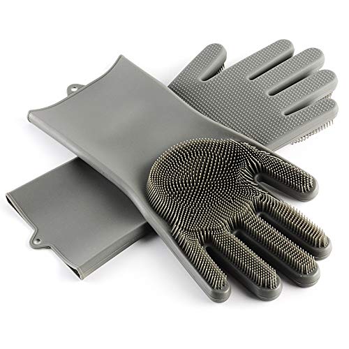 PRECIOUS LONDON Magic Silicone Dishwashing Reusable Gloves with Wash Bristles Scrubber Heat Resistant and Waterproof Gloves for Cleaning, Household, Kitchen and Pet Care x 1 Pair (Grey)