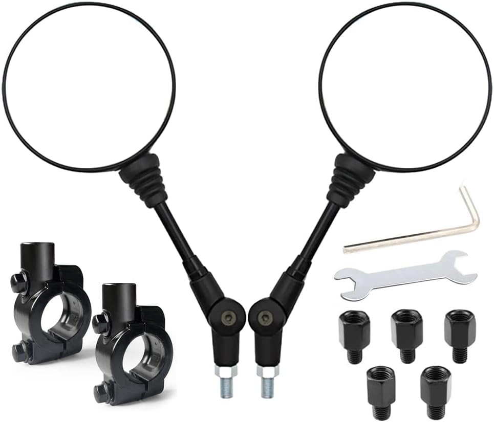 Motorcycle Rear View Side Mirrors, Round Foldable With 10mm Clockwise Bolt, 7/8" Handle Bar Mount Clamp Compatible with Bike, Motorcycle, Scooter, Atv, Etc.