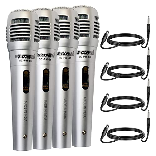 5 Core 4 Pack Vocal Dynamic Cardioid Handheld Microphone Unidirectional Mic With 2 X 5Ft Detachable Xlr Cable To ¼ Inch Audio Jack And On/Off Switch For Karaoke Singing (Silver) Pm -66K 2 Pair #TOP20