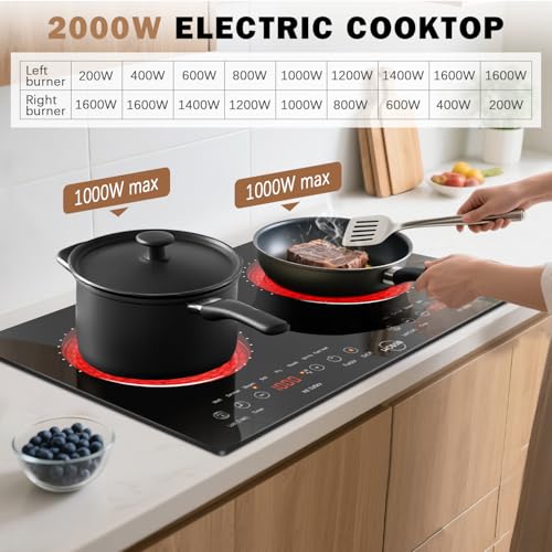 Hobsir 2 Burner Electric Cooktop 110v, 2000W, Electric Stove Top Burner, 24 Inch Countertop and Built-in Hot Plate Stove with Plug, LED Touch, Menu, Safety Lock for Kitchen Apartment RV Camp Stoves