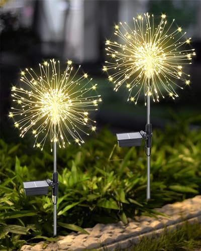Mejores precios y opiniones de Decoracion Artificial luz solar los 10 mejores. 37 Paquete de 2 luces solares de fuegos artificiales, 150 luces LED de 8 modos de luces solares de jardín para exteriores, luces LED impermeables, estaca decorativa solar al aire...