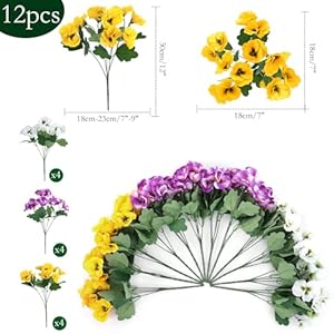 Hananona 12 bundles artificial flowers outdoor uv resistant artificial silk pansies faux plastic flower in bulk fake outdoor plants12 yellow white purple  urban country home decor