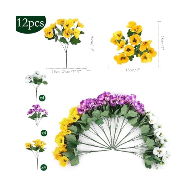 Hananona 12 bundles artificial flowers outdoor uv resistant artificial silk pansies faux plastic flower in bulk fake outdoor plants12 yellow white purple  urban country home decor