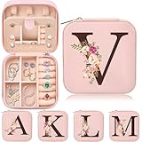 Small Travel Jewelry Case for Women, Initial Travel Jewelry Case Box Organizer Personalized Gifts, Fashion Travel Essentials Trendy Stuff for Teen Girls, Pink V