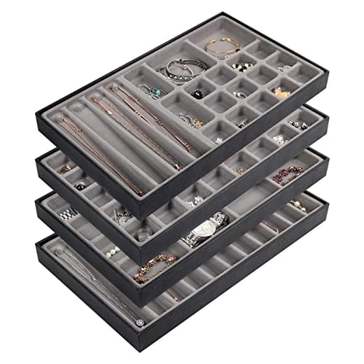 JACKCUBE DESIGN Stackable Synthetic Leather Jewelry Trays Organizer Jewelry Storage Display Earring Necklace Bracelet Ring Organizer for Drawer (Set of 4, Black)- MK212-1ABCD