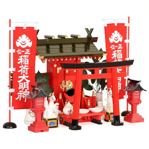 やまこう 深紅の稲荷宮 特上塗り 一社 白のお狐様 大鳥居 朱色灯ろう 神棚セット 稲荷紋 神具セット 灯篭 燈篭