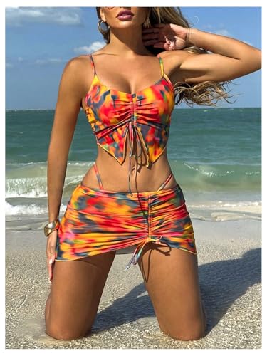 SweatyRocks Women's Tie Dye Thong Bikini Set Drawstring 3 Piece Swimsuit with Cover Up Skirt4