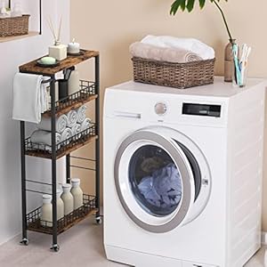 Slim Storage Cart Rolling Kitchen Cart with Wheels Narrow Laundry Storage Utility Cart 4 Tier Bathroom Mobile Shelving Unit Organizer with Wood Tabletop Trolly Cart with Handle for Small Spaces, Brown Slim Storage Cart Rolling Kitchen Cart with Wheels Narrow Laundry Storage Utility Cart 4 Tier Bathroom Mobile Shelving Unit Organizer with Wood Tabletop Trolly Cart with Handle for Small Spaces Brown